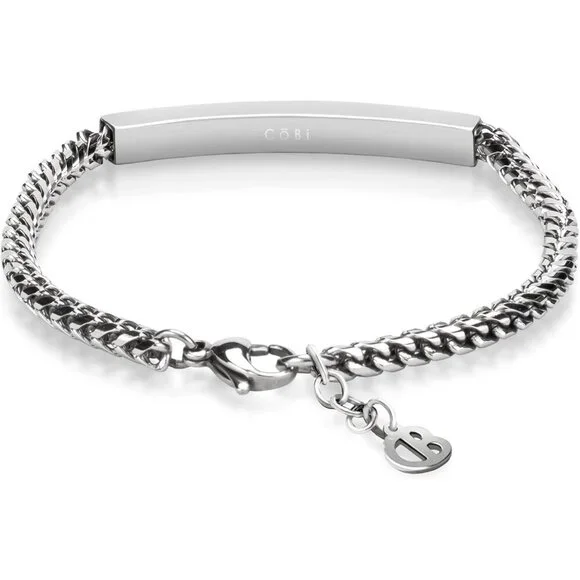 ⭐ COBI Mens Silver ID Bracelet Brown Gold Inlay 316L Stainless Steel 8-9in